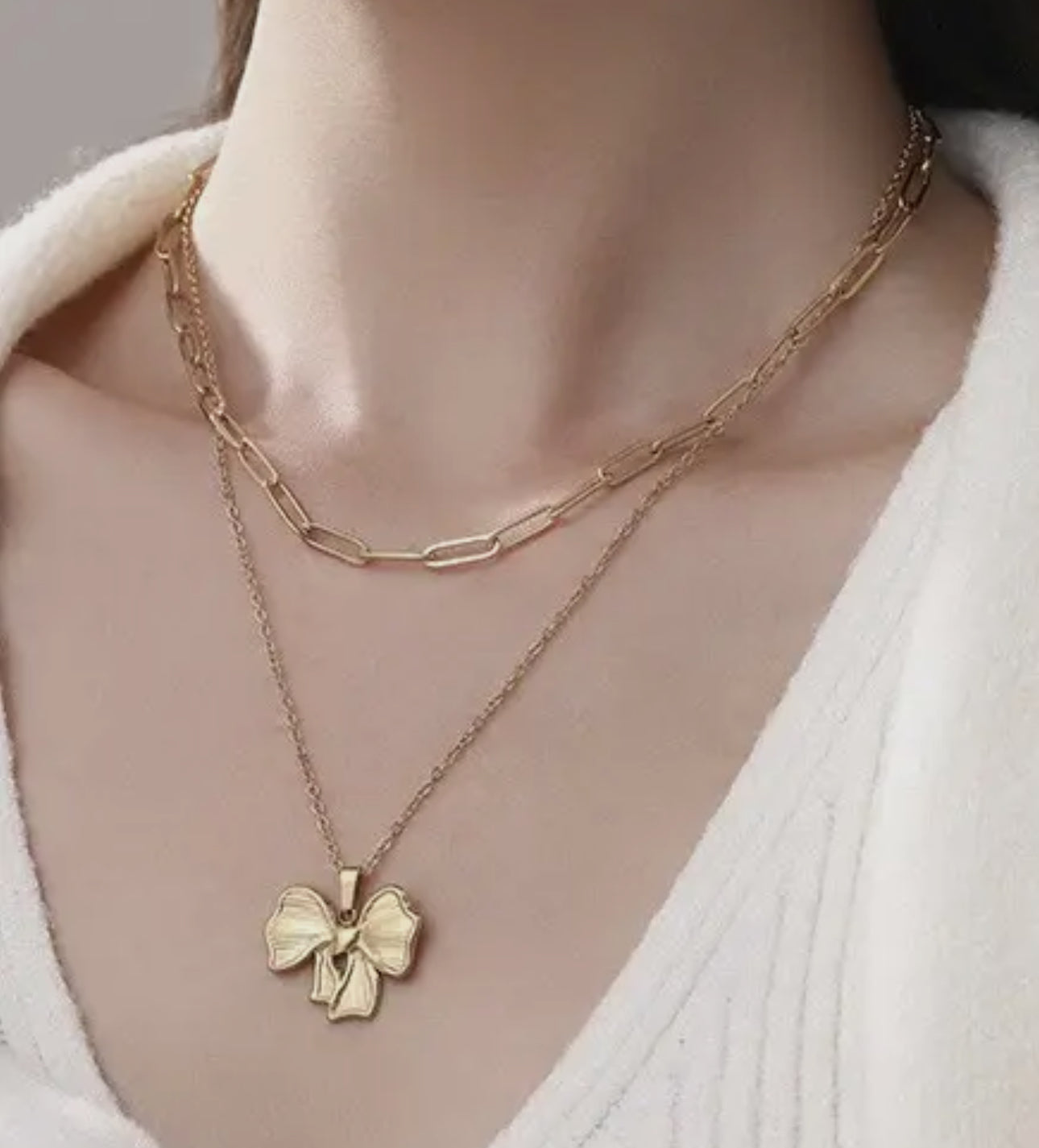18k Stainless Steel Layered Bow Necklace