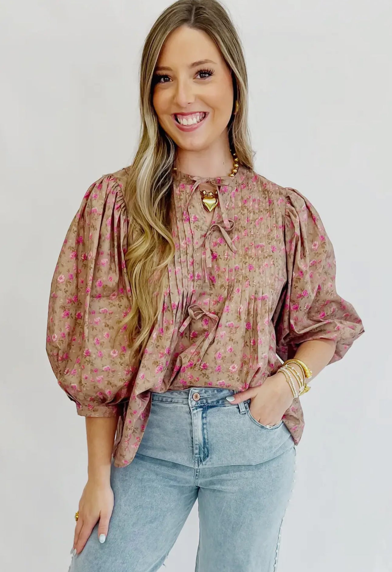 Dainty Fall Floral Balloon Sleeve Top