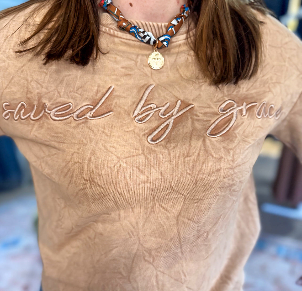 Saved By Grace Embroidered Mineral Washed Crew Neck