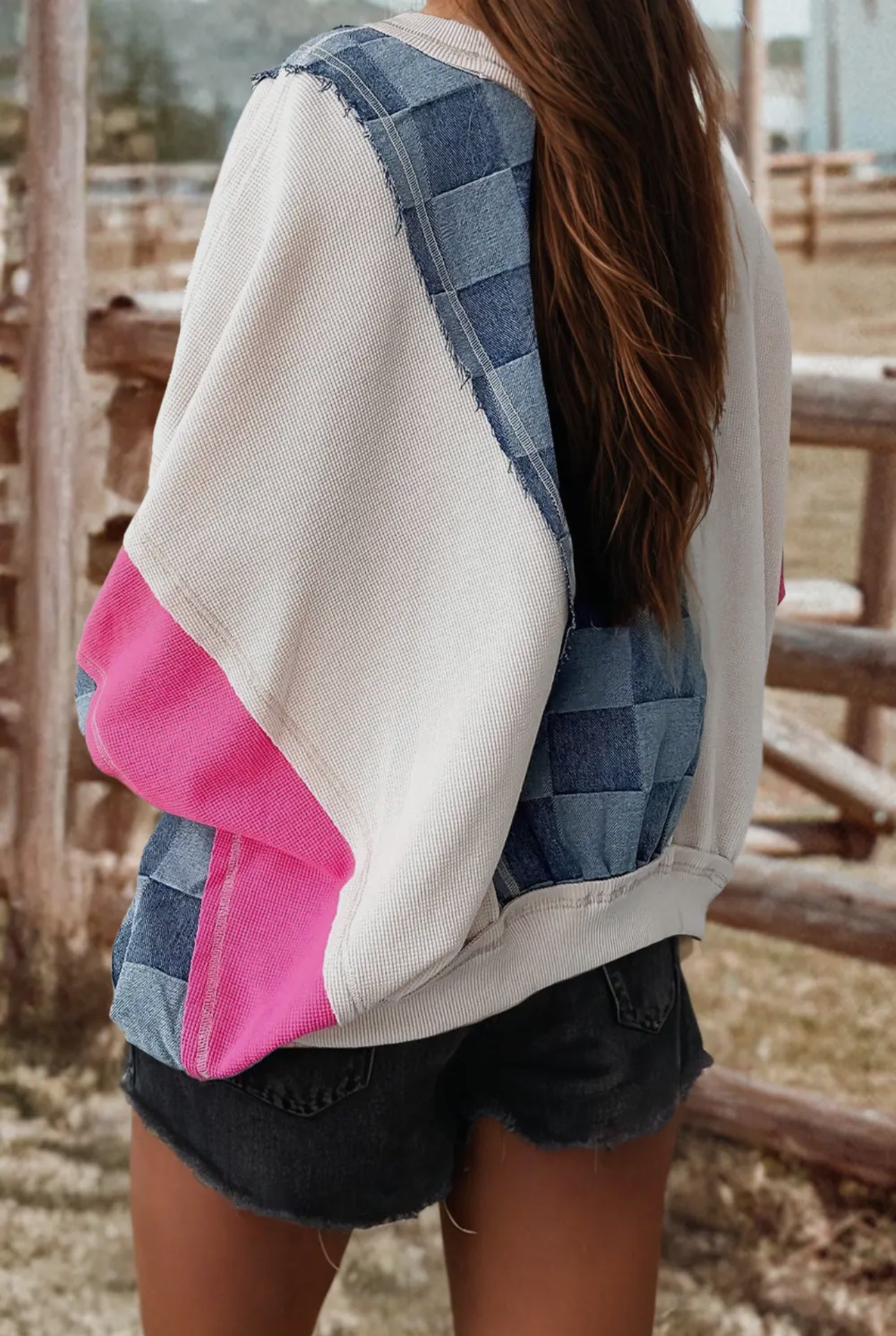 Pink/cream/blue Exposed Seam Checkered Pullover