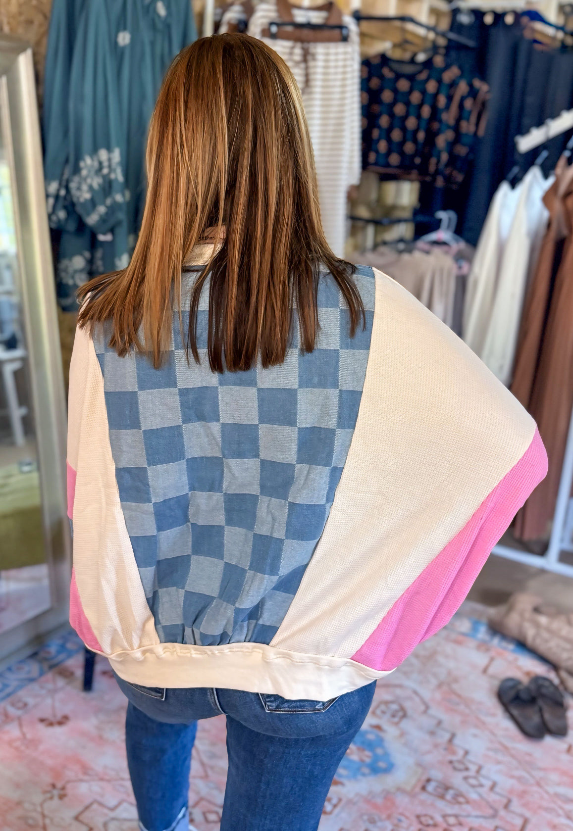 Pink/cream/blue Exposed Seam Checkered Pullover