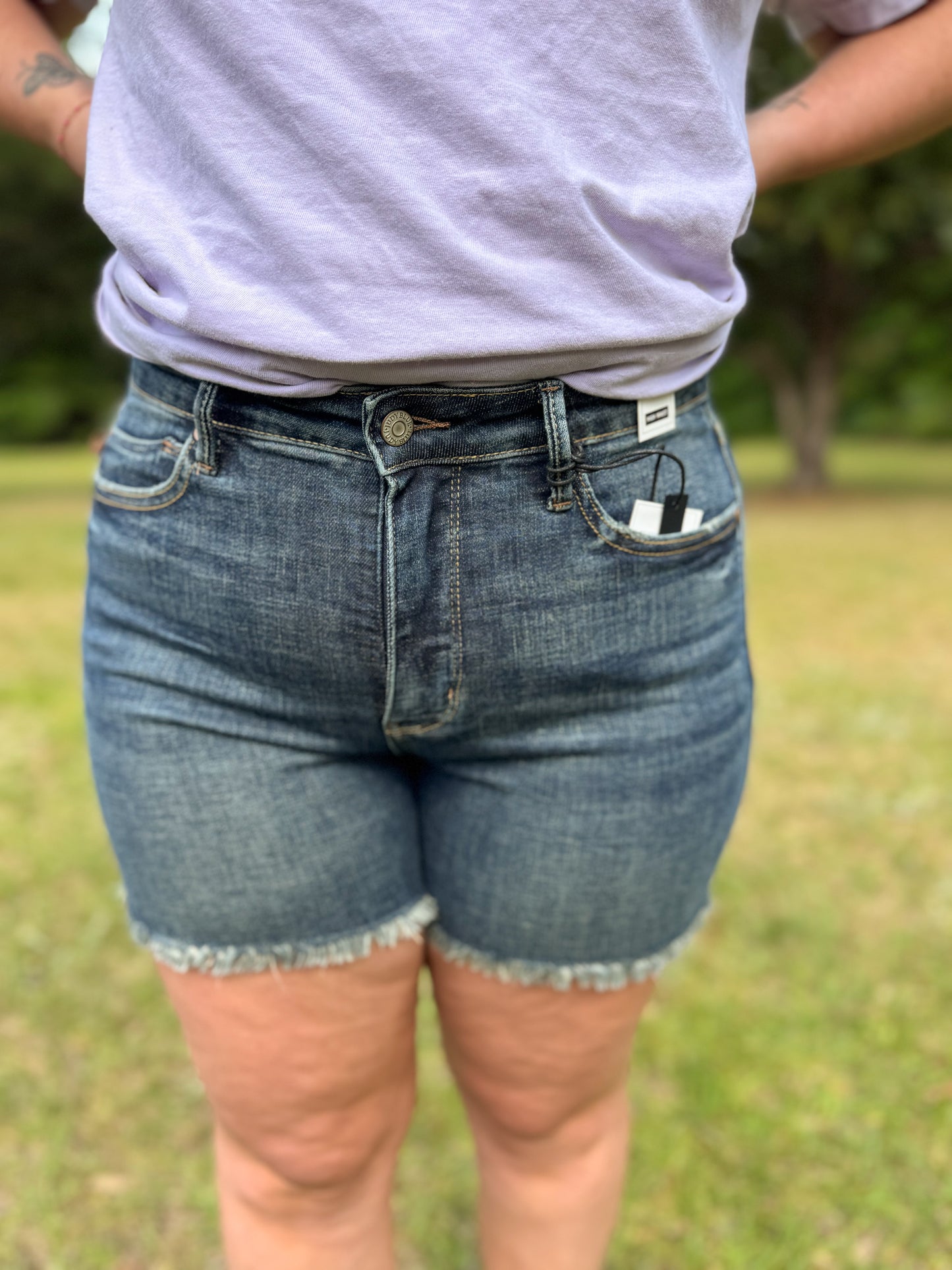 Judy Blue Tummy Control Dark Wash Short With Fray Hem