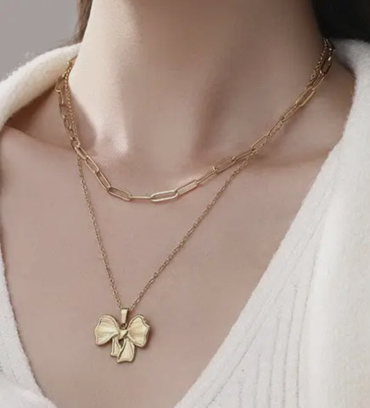 18k Stainless Steel Layered Bow Necklace
