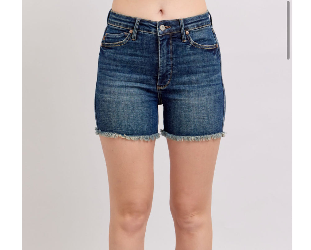 Judy Blue Tummy Control Dark Wash Short With Fray Hem