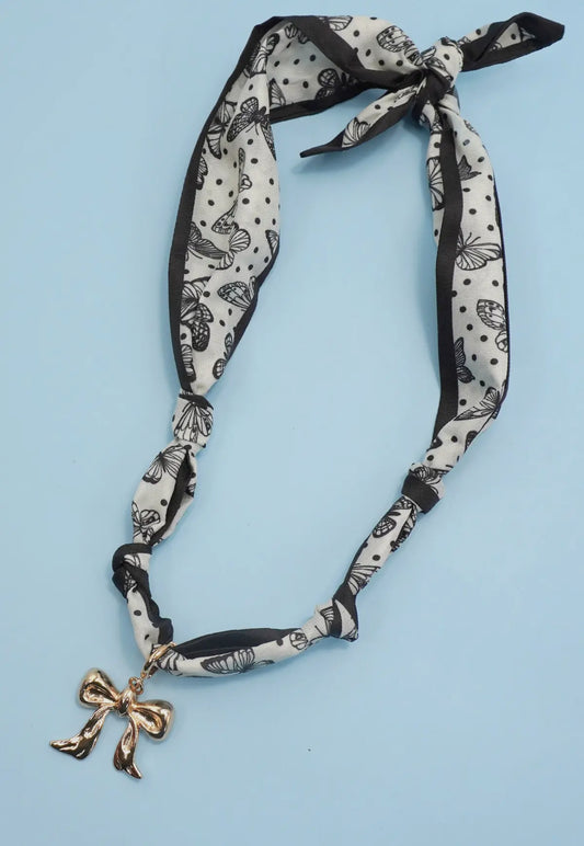 Black/White/Butterfly Scarf Necklace With Interchangeable Bow Charm