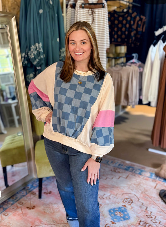 Pink/cream/blue Exposed Seam Checkered Pullover
