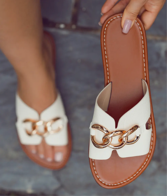 White With Gold Buckle Flats