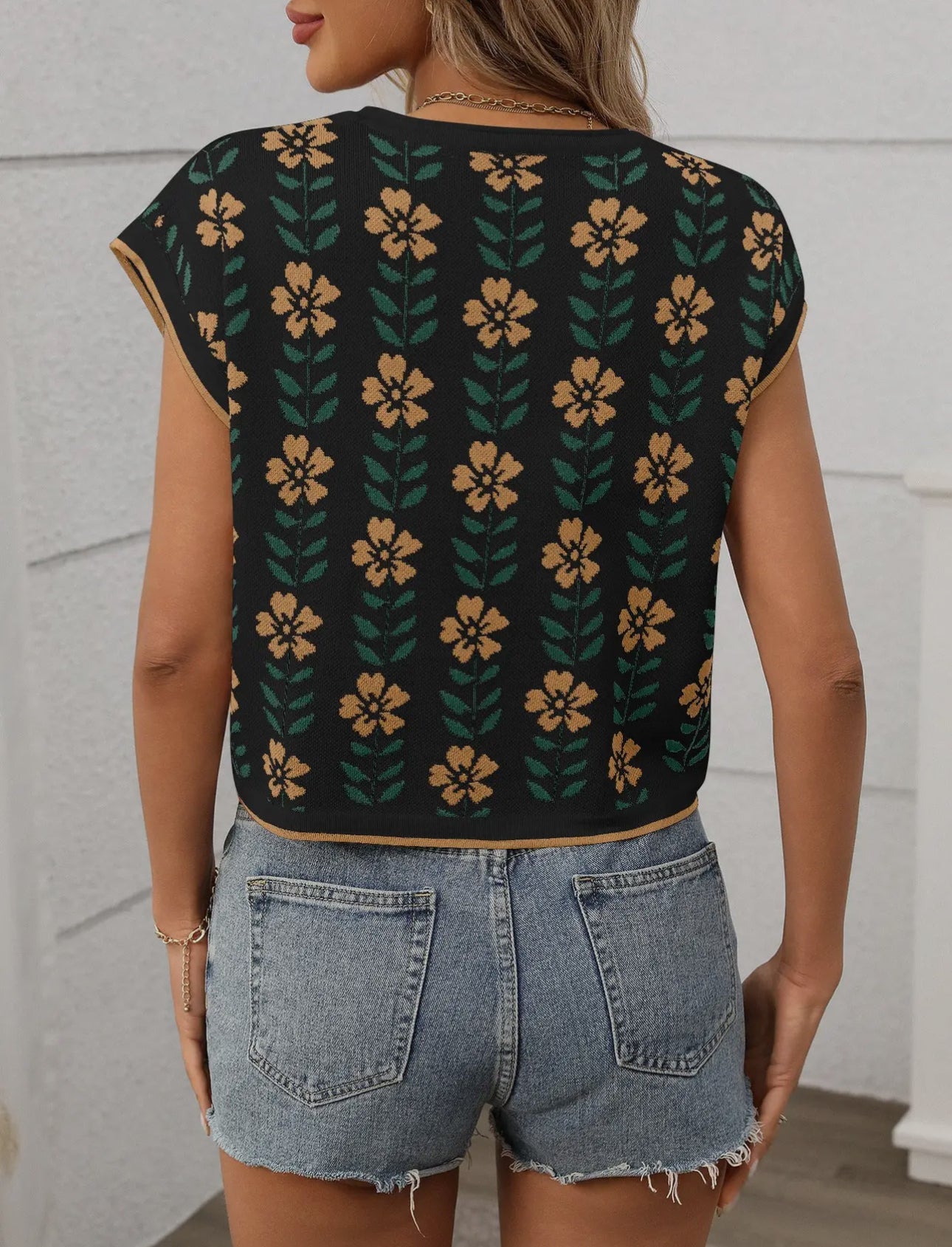 Retro Floral Cap Sleeve Sweater Tee