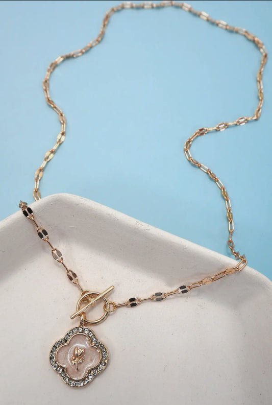 Flower Pearl Charm Toggle Necklace