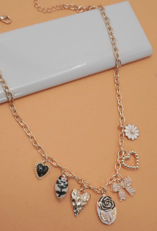 Heart|Porcelain|Flower|Bow Charm Necklace