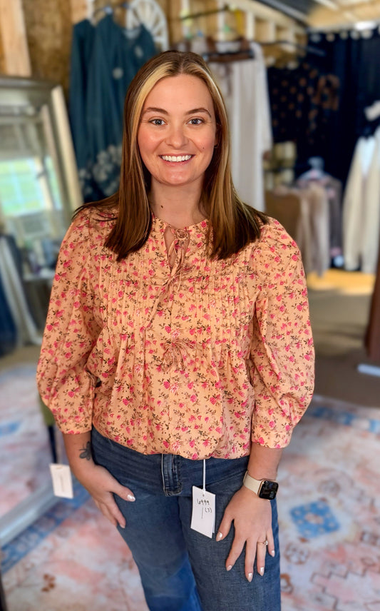 Dainty Fall Floral Balloon Sleeve Top