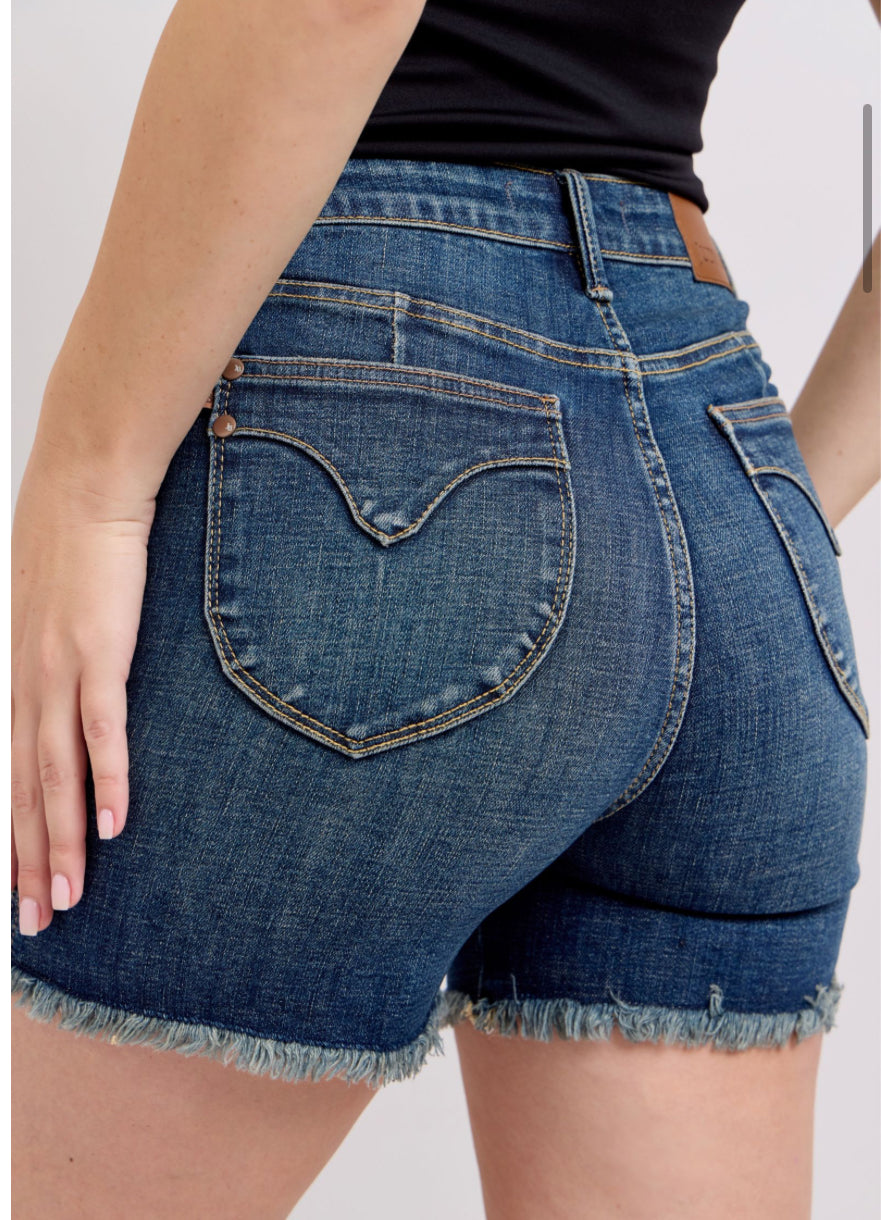 Judy Blue Tummy Control Dark Wash Short With Fray Hem