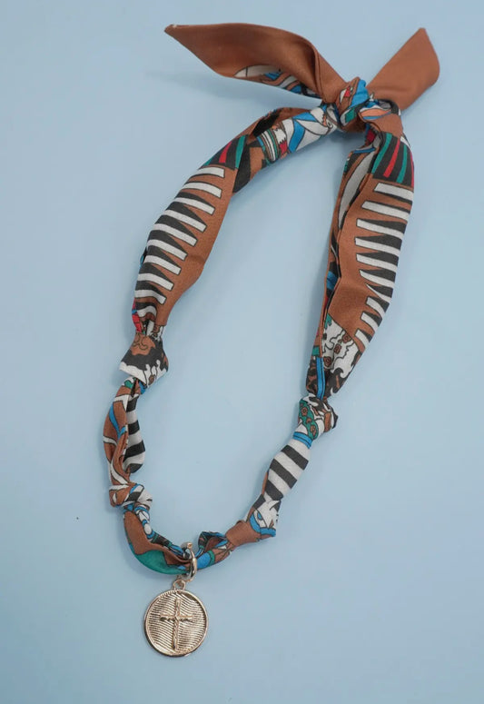 Brown/Geometric Scarf Necklace With Interchangeable Cross Charm