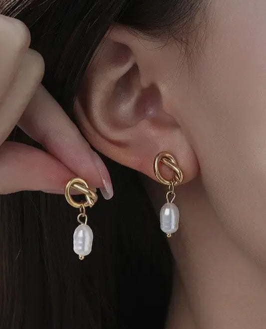 18k Stainless Steel Knot Pearl Earrings