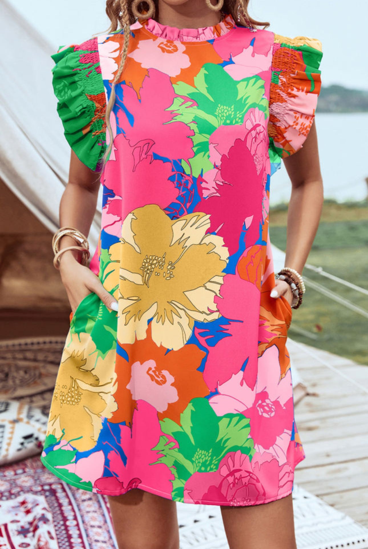 Let’s Go To Hawaii Floral Flutter Sleeve Dress