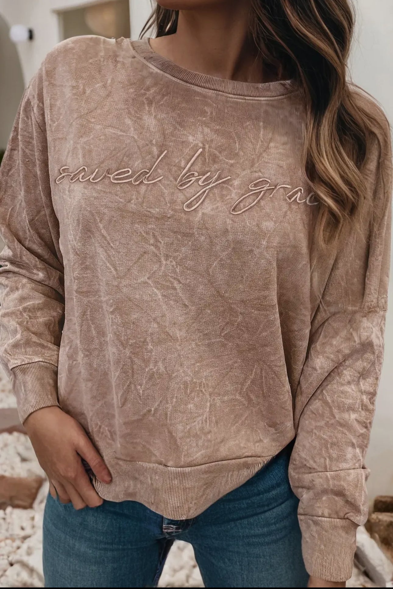 Saved By Grace Embroidered Mineral Washed Crew Neck