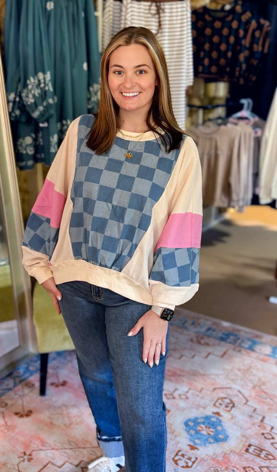 Pink/cream/blue Exposed Seam Checkered Pullover