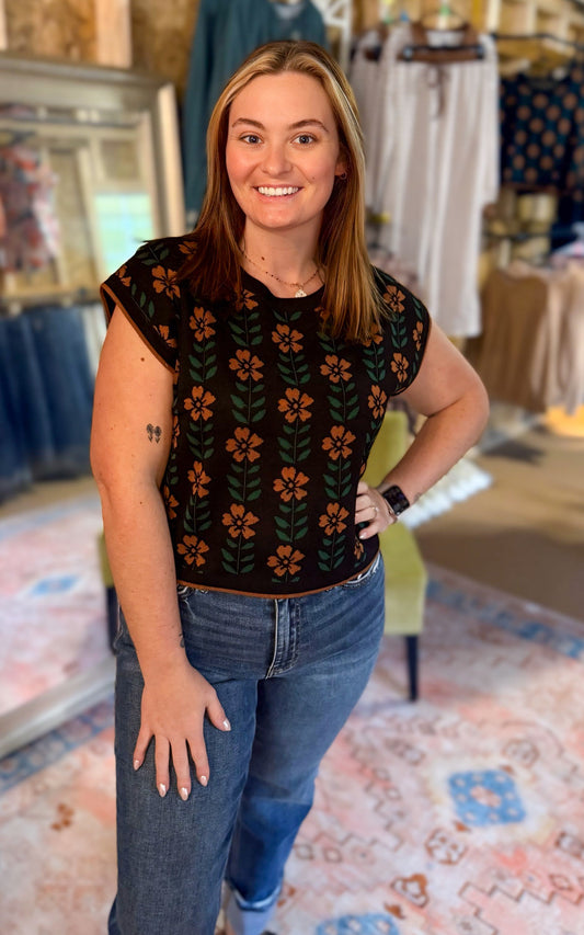 Retro Floral Cap Sleeve Sweater Tee